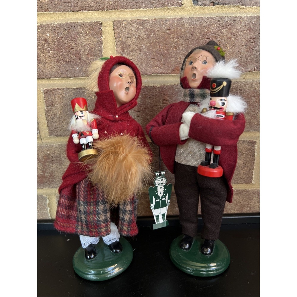 Pair Of Byer's Choice Carolers Red Boy & Girl with Nutcracker Figure 10"